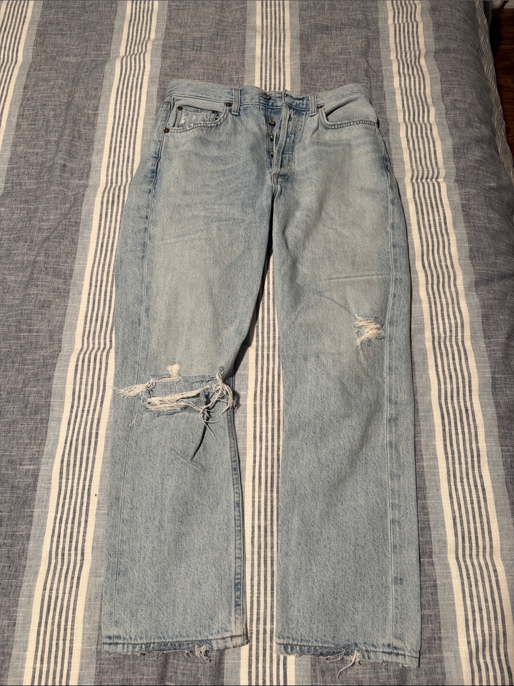 Agolde Light Blue Distressed Straight-Leg Ankle Jeans